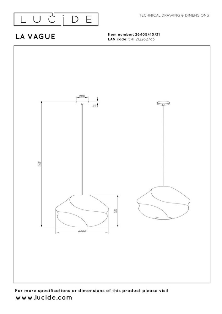 LA VAGUE - Hanglamp - Ø 40 cm - 1xE27 - Wit - Essential LA VAGUE - Hanglamp - Ø 40 cm - 1xE27 - Wit - Essential