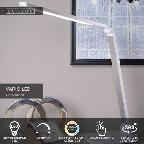 Lucide VARIO LED - Bureaulamp - LED Dimb. - CCT - 1x8W 2700K/6500K - Wit Lucide VARIO LED - Bureaulamp - LED Dimb. - CCT - 1x8W 2700K/6500K - Wit