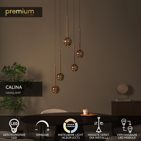 Lucide CALINA - Hanglamp - Ø 41,9 cm - LED Dimb. - CCT - 5x8,4W 2200K/3300K - Met vervangbare LED-module - Amber - Premium Lucide CALINA - Hanglamp - Ø 41,9 cm - LED Dimb. - CCT - 5x8,4W 2200K/3300K - Met vervangbare LED-module - Amber - Premium