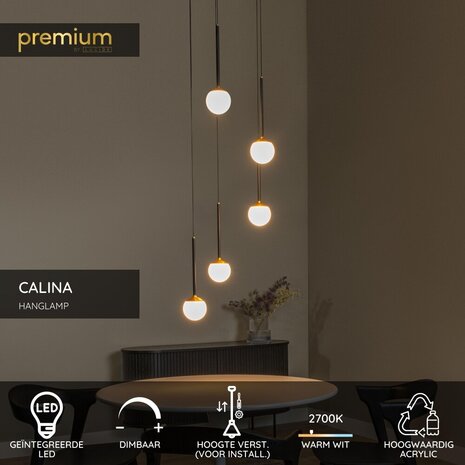 Lucide CALINA - Hanglamp - Ø 42 cm - LED Dimb. - 5x8,2W 2700K - Zwart - Premium
