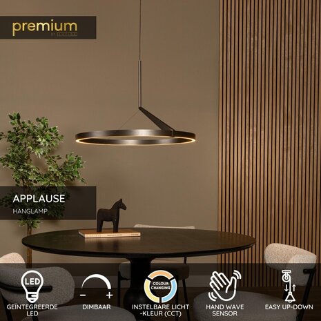Lucide APPLAUSE - Hanglamp - Ø 60 cm - LED Dimb. - CCT - 1x32W 2700K/4000K - Handbewegingssensor - Grijs ijzer - Premium