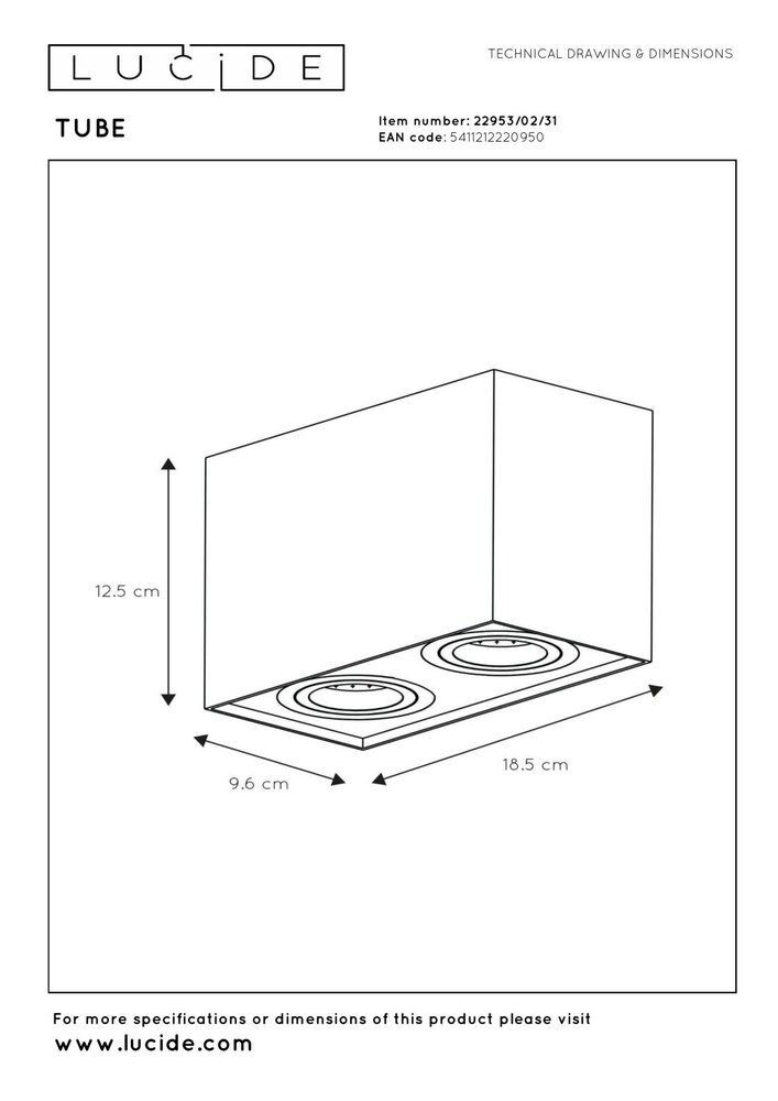 Lucide TUBE - Plafondspot - 2xGU10 (MR16) - Wit Lucide TUBE - Plafondspot - 2xGU10 (MR16) - Wit
