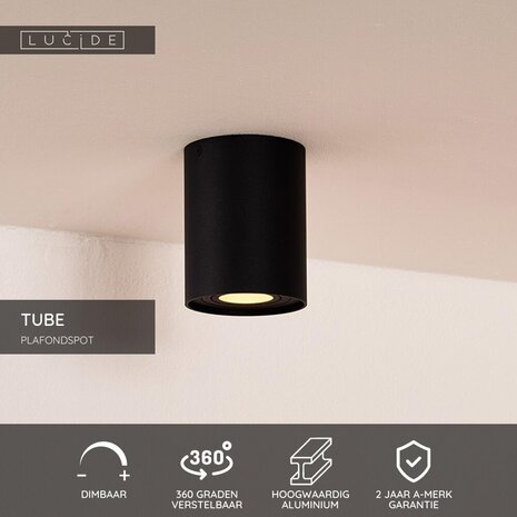 Lucide TUBE - Plafondspot - Ø 9,6 cm - 1xGU10 (MR16) - Zwart Lucide TUBE - Plafondspot - Ø 9,6 cm - 1xGU10 (MR16) - Zwart