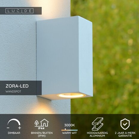 Lucide ZORA-LED - Wandspot / Wandlamp Binnen/Buiten - LED Dimb. - GU10 (MR16) - 2x5W 3000K - IP44 - Wit Lucide ZORA-LED - Wandspot / Wandlamp Binnen/Buiten - LED Dimb. - GU10 (MR16) - 2x5W 3000K - IP44 - Wit