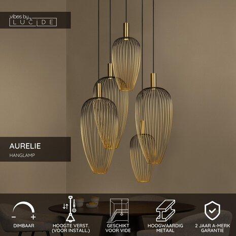Lucide AURELIE - Hanglamp - 5xGU10 (MR11) - Geschikt voor vide en hoge plafonds - Goud - Vibes