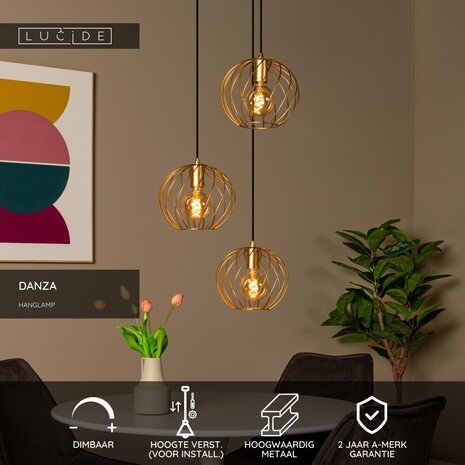 Lucide DANZA - Hanglamp - Ø 50 cm - 3xE27 - Mat Goud / Messing Lucide DANZA - Hanglamp - Ø 50 cm - 3xE27 - Mat Goud / Messing