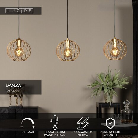 Lucide DANZA - Hanglamp - 3xE27 - Mat Goud / Messing