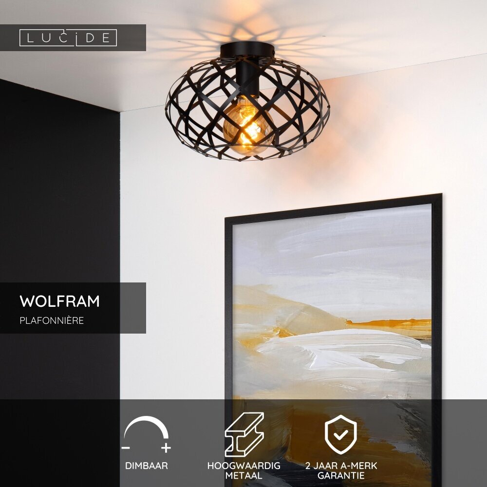 Lucide WOLFRAM - Plafonnière - Ø 30 cm - 1xE27 - Zwart