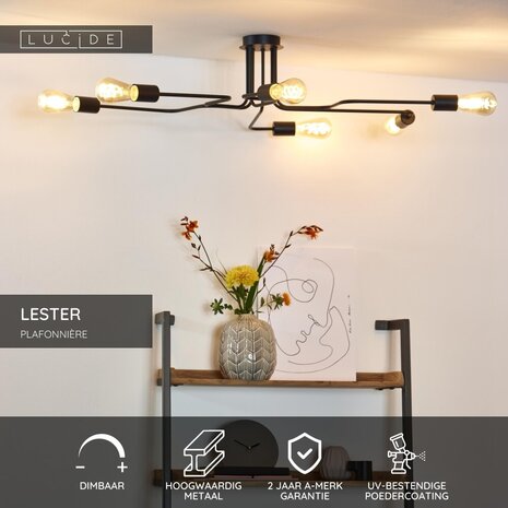 Lucide LESTER - Plafonnière - 6xE27 - Zwart Lucide LESTER - Plafonnière - 6xE27 - Zwart