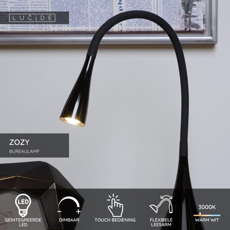 Lucide ZOZY - Bureaulamp - LED Dimb. - 1x4W 3000K - Zwart Lucide ZOZY - Bureaulamp - LED Dimb. - 1x4W 3000K - Zwart