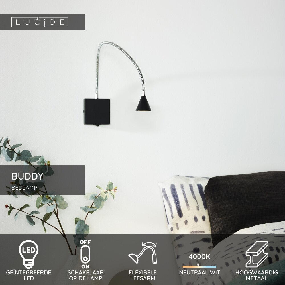 Lucide BUDDY - Bedlamp / Wandlamp - LED - 1x4W 4000K - Zwart Lucide BUDDY - Bedlamp / Wandlamp - LED - 1x4W 4000K - Zwart