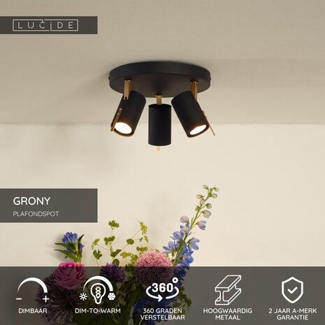 Lucide GRONY - Plafondspot - LED Dim to warm - GU10 (MR16) - 3x5W 2200K/3000K - Zwart