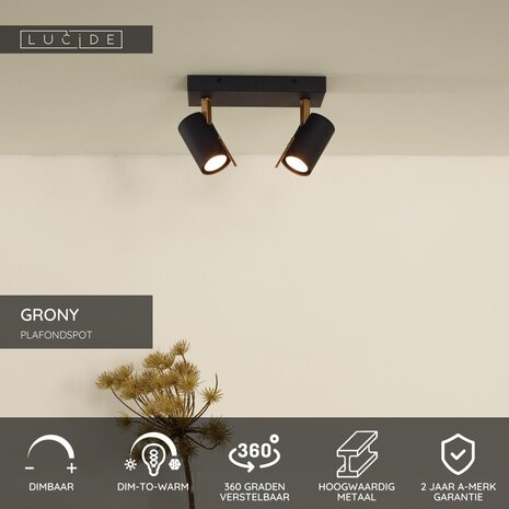 Lucide GRONY - Plafondspot - LED Dim to warm - GU10 (MR16) - 2x5W 2200K/3000K - Zwart Lucide GRONY - Plafondspot - LED Dim to warm - GU10 (MR16) - 2x5W 2200K/3000K - Zwart