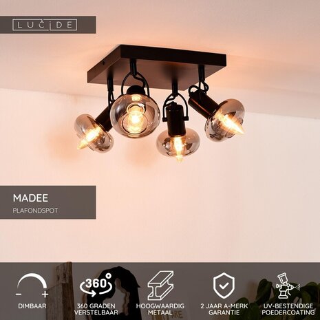 Lucide MADEE - Plafondspot - 4xE14 - Zwart