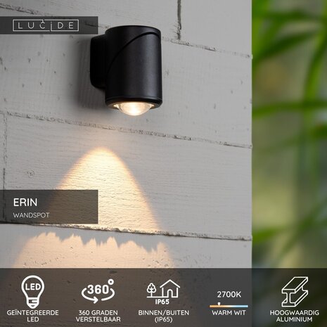 Lucide ERIN - Wandspot / Wandlamp Binnen/Buiten - LED - 1x5W 2700K - IP65 - Zwart Lucide ERIN - Wandspot / Wandlamp Binnen/Buiten - LED - 1x5W 2700K - IP65 - Zwart