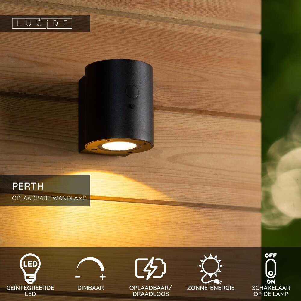 Lucide PERTH - Wandlamp - Zonne-energie - Ø 9 cm - LED Dimb. - 1x1W 2700K/3000K - IP65 - Beweging & dag/nacht sensor - Zwart Lucide PERTH - Wandlamp - Zonne-energie - Ø 9 cm - LED Dimb. - 1x1W 2700K/3000K - IP65 - Beweging & dag/nacht sensor - Zwart