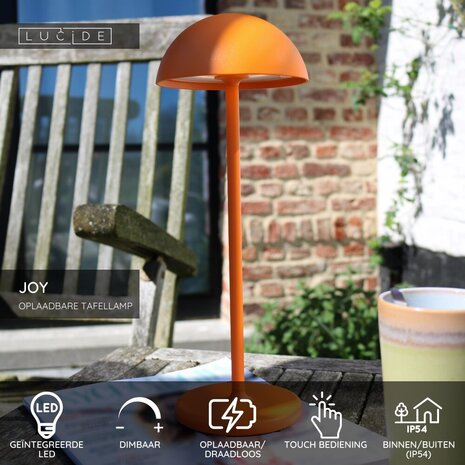 Lucide JOY - Oplaadbare Tafellamp Binnen/Buiten - Accu/Batterij - Ø 12 cm - LED Dimb. - 1x1,5W 3000K - IP54 - Oranje Lucide JOY - Oplaadbare Tafellamp Binnen/Buiten - Accu/Batterij - Ø 12 cm - LED Dimb. - 1x1,5W 3000K - IP54 - Oranje