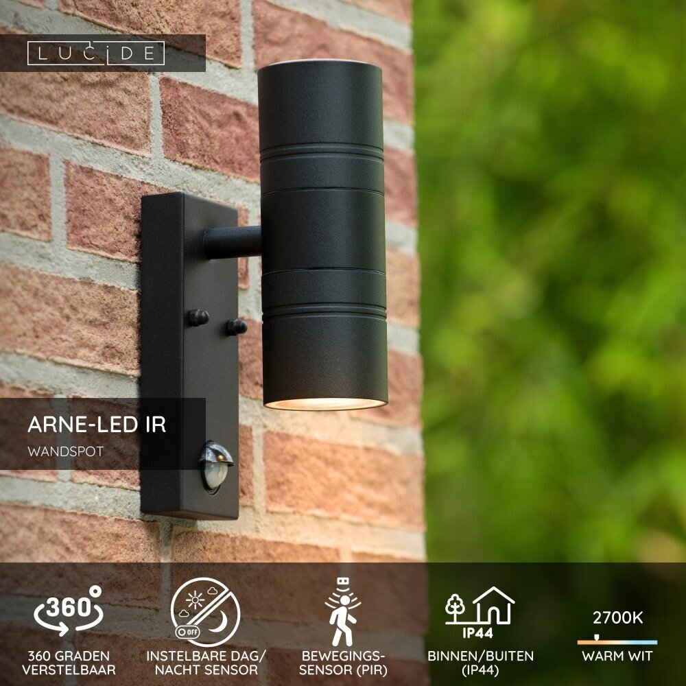 Lucide ARNE-LED IR - Wandspot / Wandlamp Binnen/Buiten - Ø 6,3 cm - LED - GU10 (MR16) - 2x5W 2700K - IP44 - Beweging & dag/nacht sensor - Zwart Lucide ARNE-LED IR - Wandspot / Wandlamp Binnen/Buiten - Ø 6,3 cm - LED - GU10 (MR16) - 2x5W 2700K - IP44 - Beweging & dag/nacht sensor - Zwart