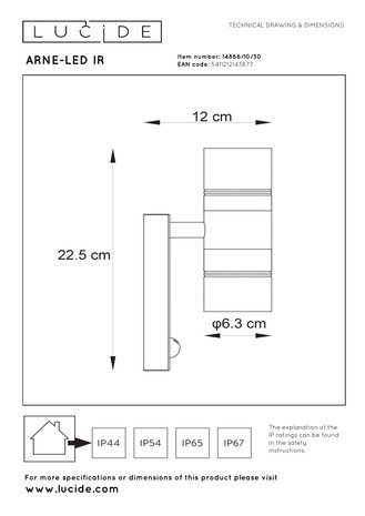 Lucide ARNE-LED IR - Wandspot / Wandlamp Binnen/Buiten - Ø 6,3 cm - LED - GU10 (MR16) - 2x5W 2700K - IP44 - Beweging & dag/nacht sensor - Zwart Lucide ARNE-LED IR - Wandspot / Wandlamp Binnen/Buiten - Ø 6,3 cm - LED - GU10 (MR16) - 2x5W 2700K - IP44 - Beweging & dag/nacht sensor - Zwart
