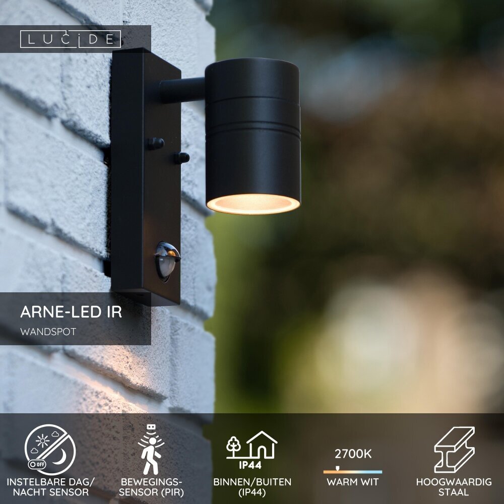 Lucide ARNE-LED IR - Wandspot / Wandlamp Binnen/Buiten - Ø 6,3 cm - LED - GU10 (MR16) - 1x5W 2700K - IP44 - Beweging & dag/nacht sensor - Zwart Lucide ARNE-LED IR - Wandspot / Wandlamp Binnen/Buiten - Ø 6,3 cm - LED - GU10 (MR16) - 1x5W 2700K - IP44 - Beweging & dag/nacht sensor - Zwart