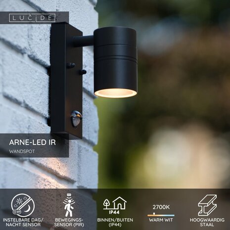 Lucide ARNE-LED IR - Wandspot / Wandlamp Binnen/Buiten - Ø 6,3 cm - LED - GU10 (MR16) - 1x5W 2700K - IP44 - Beweging & dag/nacht sensor - Zwart Lucide ARNE-LED IR - Wandspot / Wandlamp Binnen/Buiten - Ø 6,3 cm - LED - GU10 (MR16) - 1x5W 2700K - IP44 - Beweging & dag/nacht sensor - Zwart
