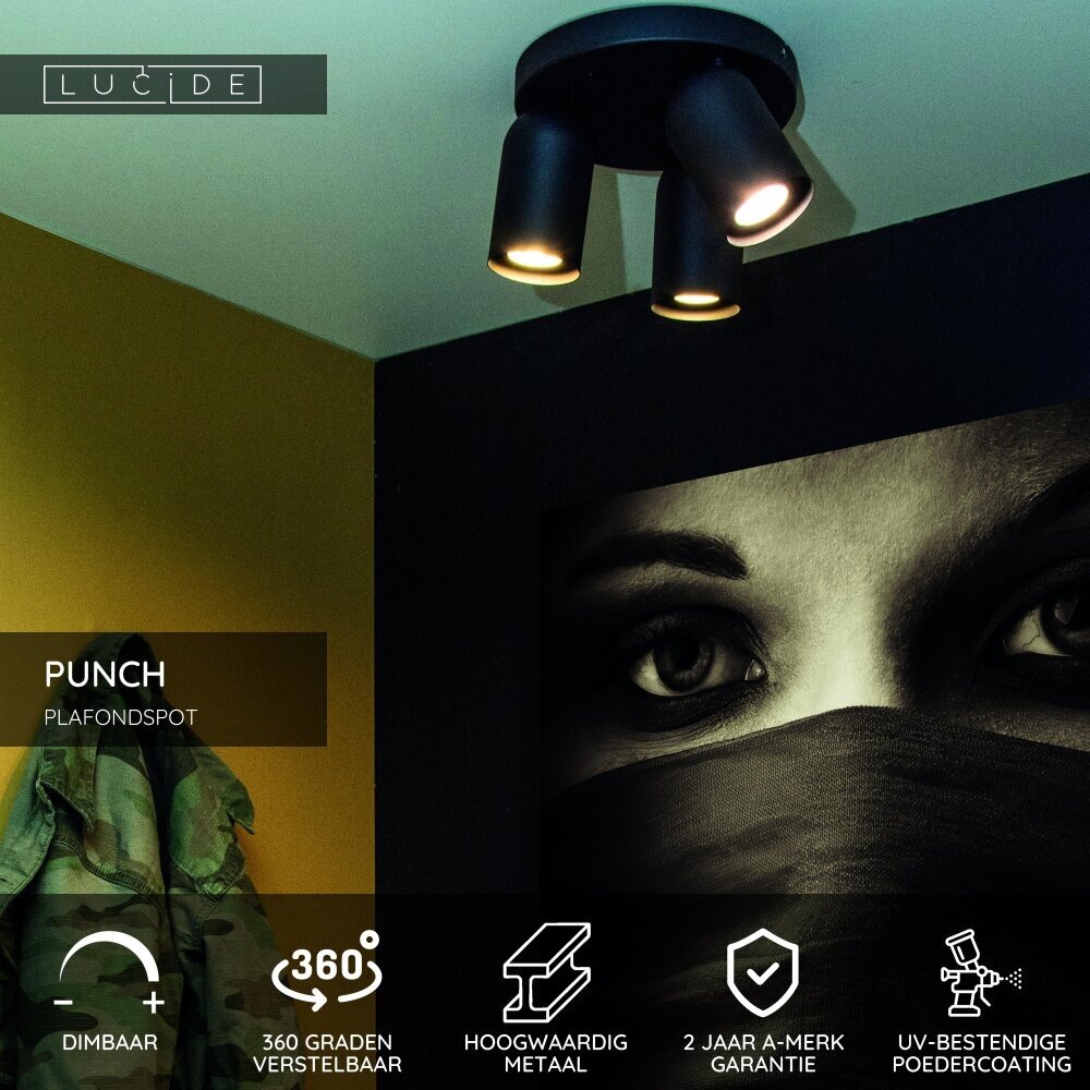 Lucide PUNCH - Plafondspot - Ø 21 cm - 3xGU10 (MR16) - Zwart