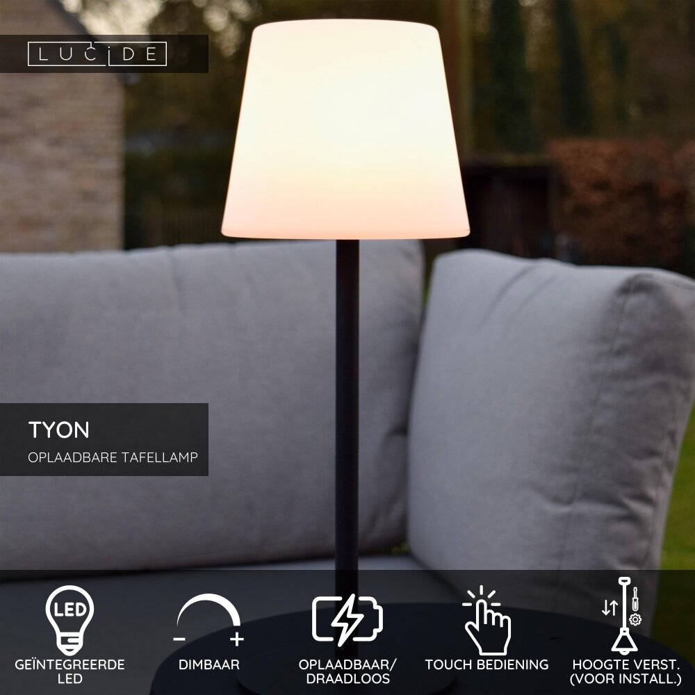 Lucide TYON - Oplaadbare Tafellamp Binnen/Buiten - Accu/Batterij - LED Dimb. - 1x2W 2700K - IP65 - Zwart Lucide TYON - Oplaadbare Tafellamp Binnen/Buiten - Accu/Batterij - LED Dimb. - 1x2W 2700K - IP65 - Zwart