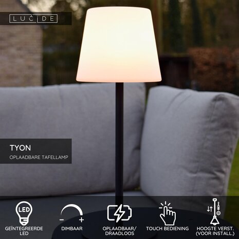 Lucide TYON - Oplaadbare Tafellamp Binnen/Buiten - Accu/Batterij - LED Dimb. - 1x2W 2700K - IP65 - Zwart Lucide TYON - Oplaadbare Tafellamp Binnen/Buiten - Accu/Batterij - LED Dimb. - 1x2W 2700K - IP65 - Zwart