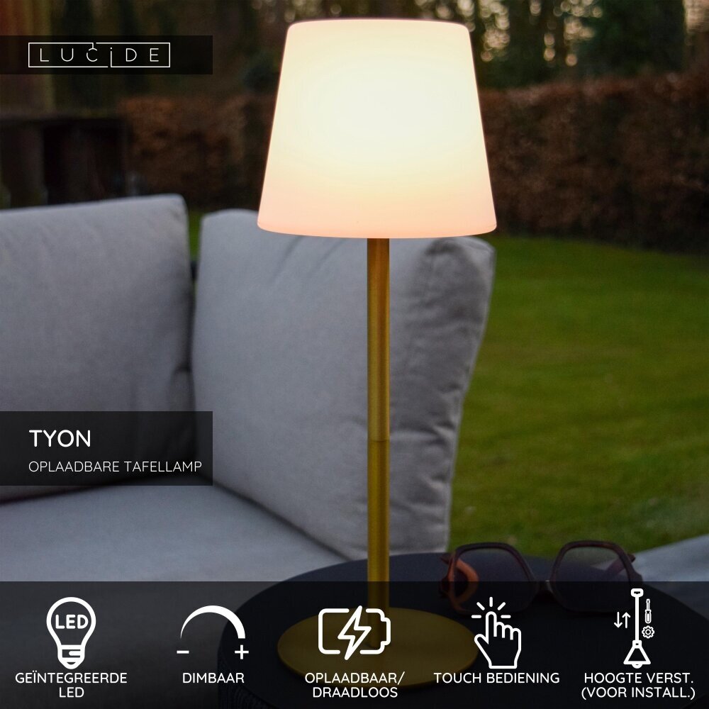 Lucide TYON - Oplaadbare Tafellamp Binnen/Buiten - Accu/Batterij - Ø 15 cm - LED Dimb. - 1x2W 2700K - IP65 - Mat Goud / Messing Lucide TYON - Oplaadbare Tafellamp Binnen/Buiten - Accu/Batterij - Ø 15 cm - LED Dimb. - 1x2W 2700K - IP65 - Mat Goud / Messing
