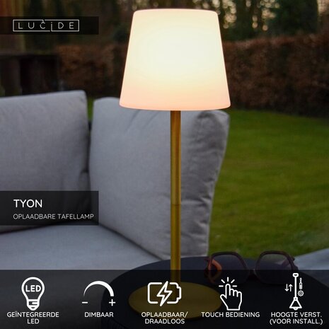 Lucide TYON - Oplaadbare Tafellamp Binnen/Buiten - Accu/Batterij - Ø 15 cm - LED Dimb. - 1x2W 2700K - IP65 - Mat Goud / Messing Lucide TYON - Oplaadbare Tafellamp Binnen/Buiten - Accu/Batterij - Ø 15 cm - LED Dimb. - 1x2W 2700K - IP65 - Mat Goud / Messing