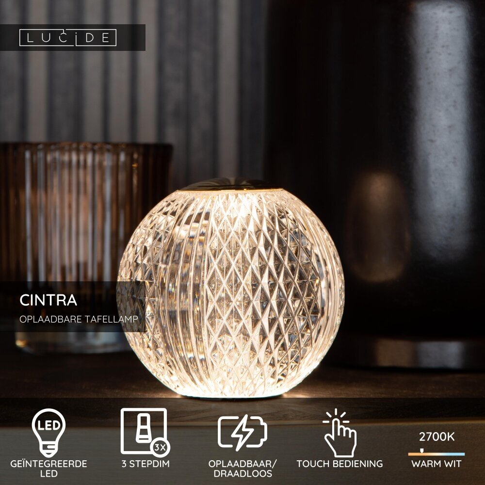 Lucide CINTRA - Oplaadbare Tafellamp - Accu/Batterij - Ø 11 cm - LED 3 StepDim - 1x2W 2700K - Transparant