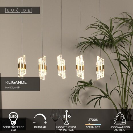 Lucide KLIGANDE - Hanglamp - LED Dimb. - 5x7,8W 2700K - Mat Goud / Messing Lucide KLIGANDE - Hanglamp - LED Dimb. - 5x7,8W 2700K - Mat Goud / Messing