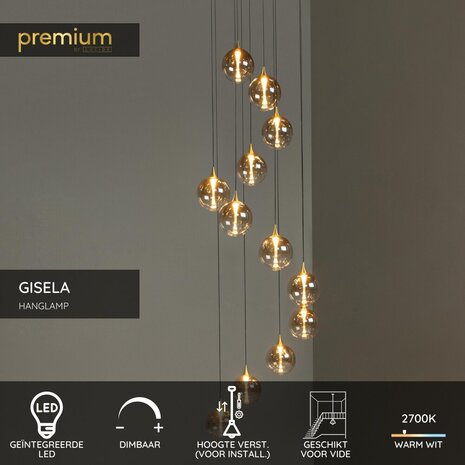 Lucide GISELA - Hanglamp - Ø 61 cm - LED Dimb. - 12x3,5W 2700K - Geschikt voor vide en hoge plafonds - Amber - Premium Lucide GISELA - Hanglamp - Ø 61 cm - LED Dimb. - 12x3,5W 2700K - Geschikt voor vide en hoge plafonds - Amber - Premium