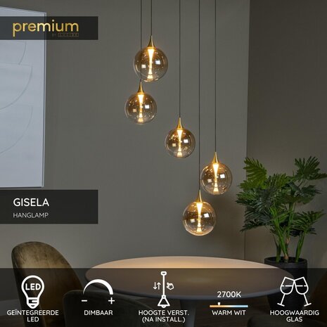 Lucide GISELA - Hanglamp - Ø 48 cm - LED Dimb. - 5x3,8W 2700K - Amber - Premium Lucide GISELA - Hanglamp - Ø 48 cm - LED Dimb. - 5x3,8W 2700K - Amber - Premium
