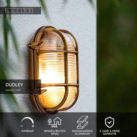 Lucide DUDLEY - Wandlamp Binnen/Buiten - 1xE27 - IP65 - Mat Goud / Messing