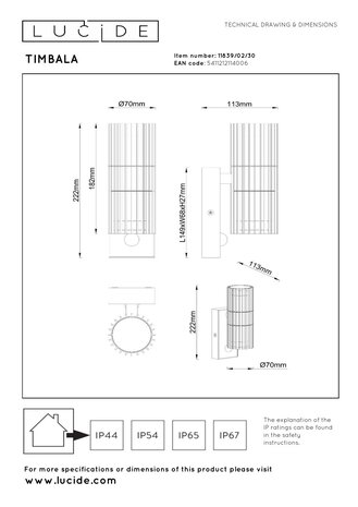 Lucide TIMBALA - Wandspot / Wandlamp Binnen/Buiten - 2xGU10 (MR16) - IP44 - Beweging & dag/nacht sensor - Zwart - Essential