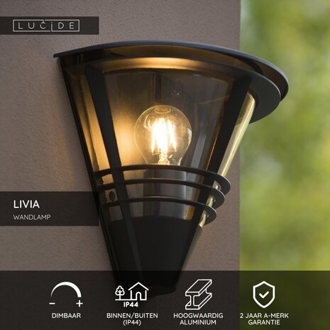 Lucide LIVIA - Wandlamp Binnen/Buiten - 1xE27 - IP44 - Zwart Lucide LIVIA - Wandlamp Binnen/Buiten - 1xE27 - IP44 - Zwart