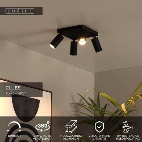 Lucide CLUBS - Plafondspot - 4xGU10 (MR16) - Zwart Lucide CLUBS - Plafondspot - 4xGU10 (MR16) - Zwart