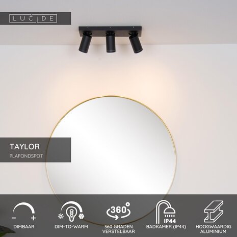 Lucide TAYLOR - Plafondspot Badkamer - LED Dim to warm - GU10 (MR16) - 3x5W 2200K/3000K - IP44 - Zwart Lucide TAYLOR - Plafondspot Badkamer - LED Dim to warm - GU10 (MR16) - 3x5W 2200K/3000K - IP44 - Zwart