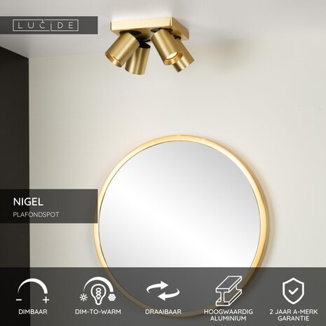 Lucide NIGEL - Plafondspot - LED Dim to warm - GU10 (MR16) - 4x5W 2200K/3000K - Mat Goud / Messing Lucide NIGEL - Plafondspot - LED Dim to warm - GU10 (MR16) - 4x5W 2200K/3000K - Mat Goud / Messing