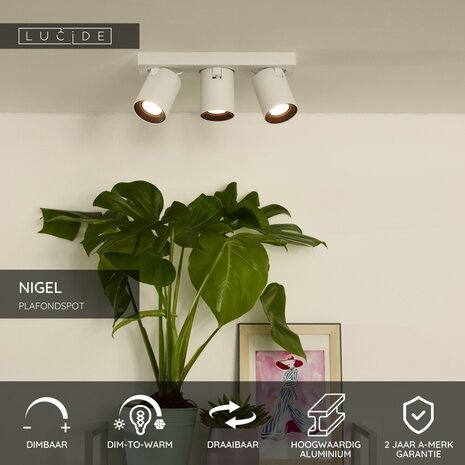 Lucide NIGEL - Plafondspot - LED Dim to warm - GU10 (MR16) - 3x5W 2200K/3000K - Wit
