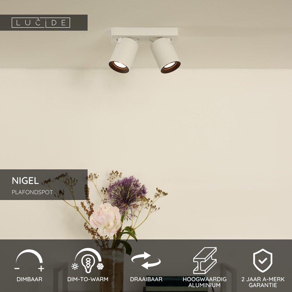 Lucide NIGEL - Plafondspot - LED Dim to warm - GU10 (MR16) - 2x5W 2200K/3000K - Wit