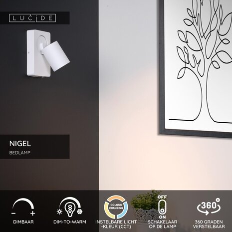 Lucide NIGEL - Bedlamp / Wandlamp - LED Dim to warm - CCT - GU10 (MR16) - 1x5W 2200K/3000K - Met USB oplaadpunt - Wit Lucide NIGEL - Bedlamp / Wandlamp - LED Dim to warm - CCT - GU10 (MR16) - 1x5W 2200K/3000K - Met USB oplaadpunt - Wit