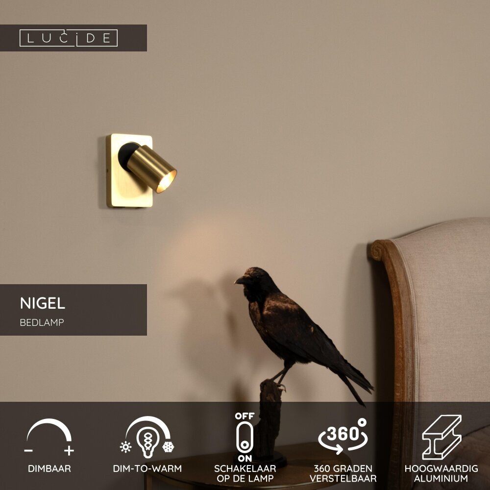 Lucide NIGEL - Bedlamp / Wandlamp - LED Dim to warm - GU10 (MR16) - 1x5W 2200K/3000K - Met USB oplaadpunt - Mat Goud / Messing