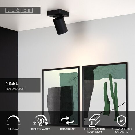 Lucide NIGEL - Plafondspot - LED Dim to warm - GU10 (MR16) - 1x5W 2200K/3000K - Zwart