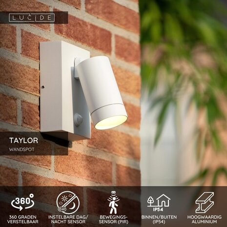 Lucide TAYLOR - Wandspot / Wandlamp Binnen/Buiten - 1xGU10 (MR16) - IP54 - Bewegingssensor - Wit Lucide TAYLOR - Wandspot / Wandlamp Binnen/Buiten - 1xGU10 (MR16) - IP54 - Bewegingssensor - Wit