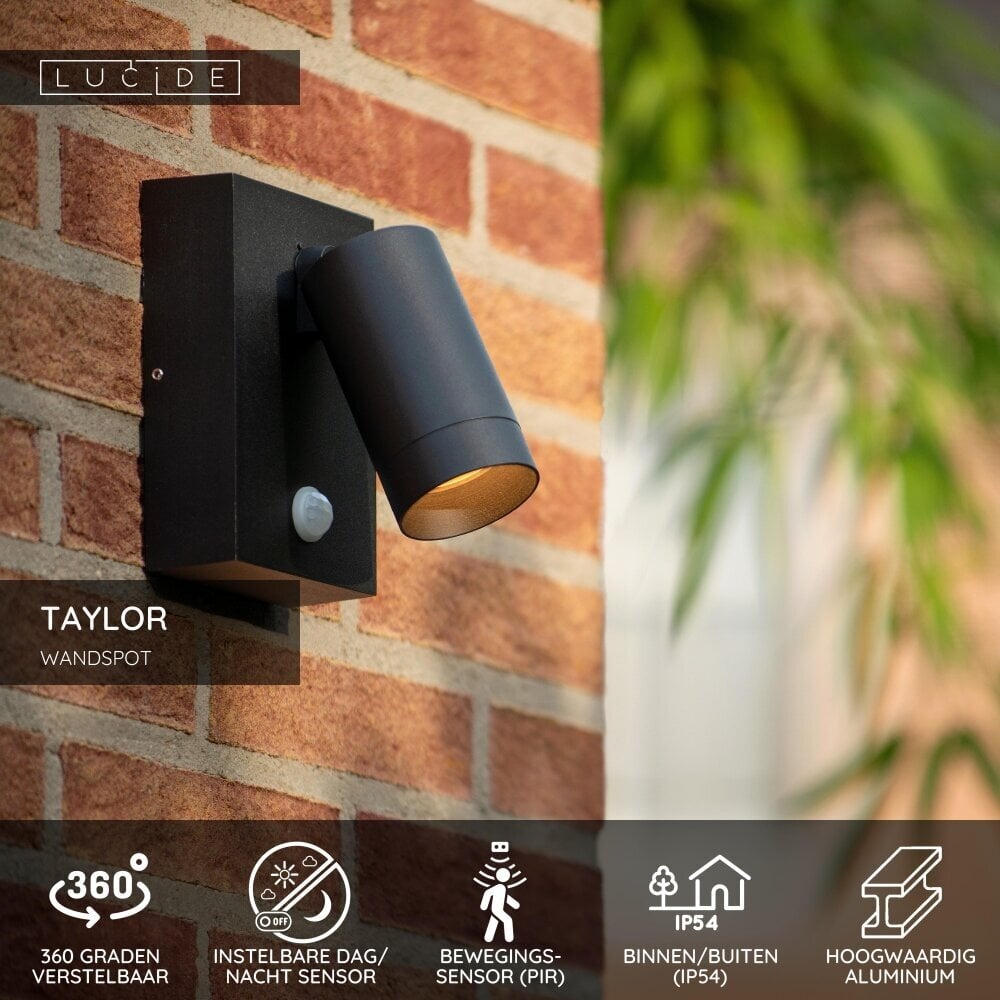 Lucide TAYLOR - Wandspot / Wandlamp Binnen/Buiten - 1xGU10 (MR16) - IP54 - Bewegingssensor - Zwart