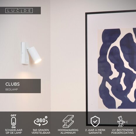 Lucide CLUBS - Bedlamp / Wandlamp - 1xGU10 (MR16) - Wit Lucide CLUBS - Bedlamp / Wandlamp - 1xGU10 (MR16) - Wit