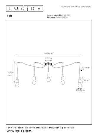 Lucide FIX - Hanglamp - 5xE27 - Geschikt voor vide en hoge plafonds - Zwart Lucide FIX - Hanglamp - 5xE27 - Geschikt voor vide en hoge plafonds - Zwart