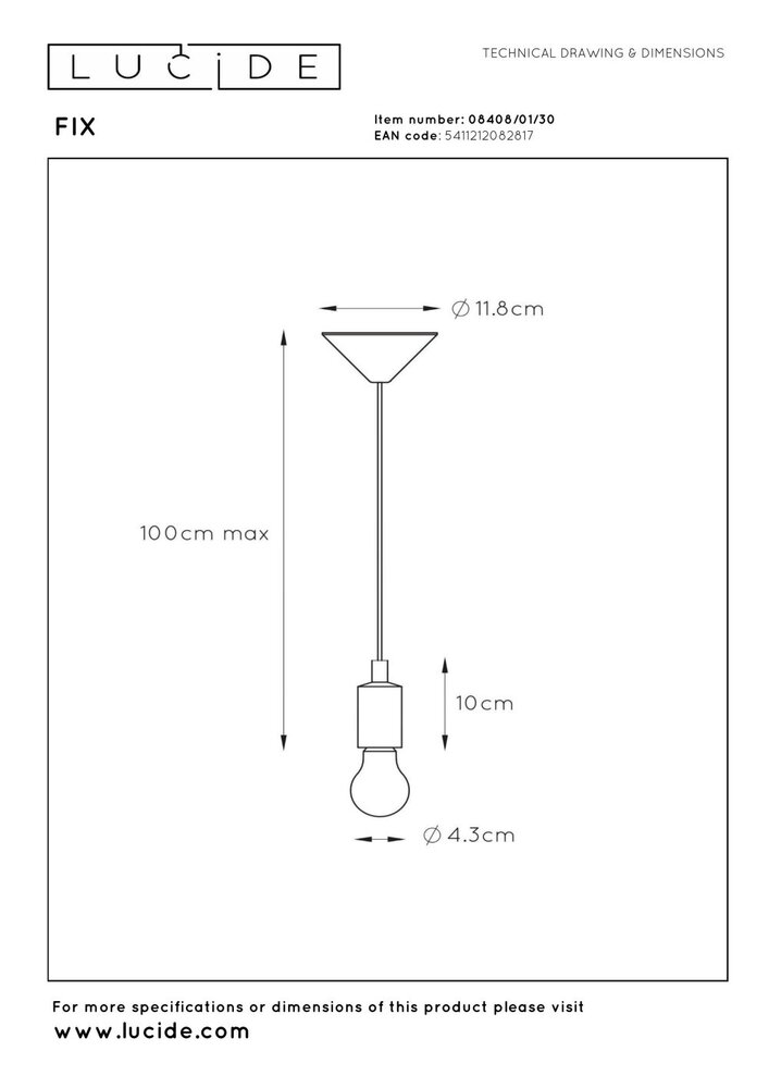 Lucide FIX - Hanglamp - Ø 10 cm - 1xE27 - Zwart